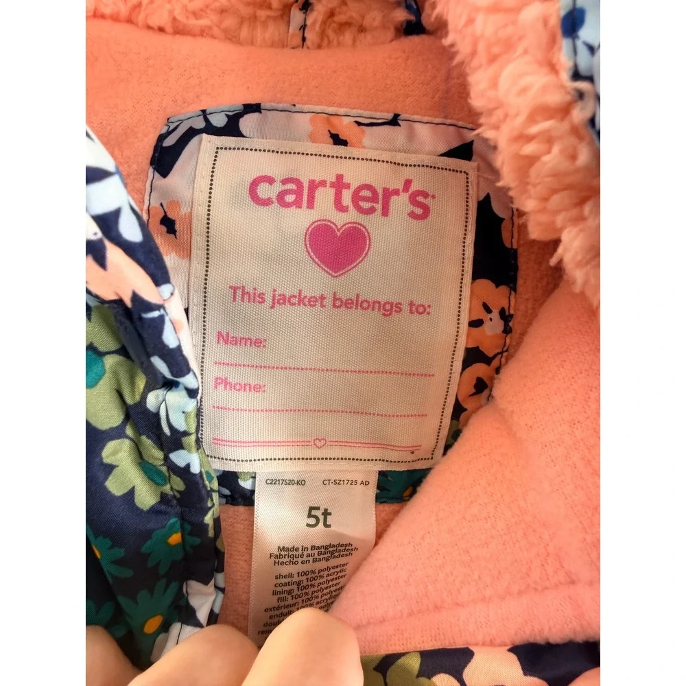 Carters Girls Navy Flora Floral Puffer Jacket Sherpa Hood 5T C2217S20-KO NWT